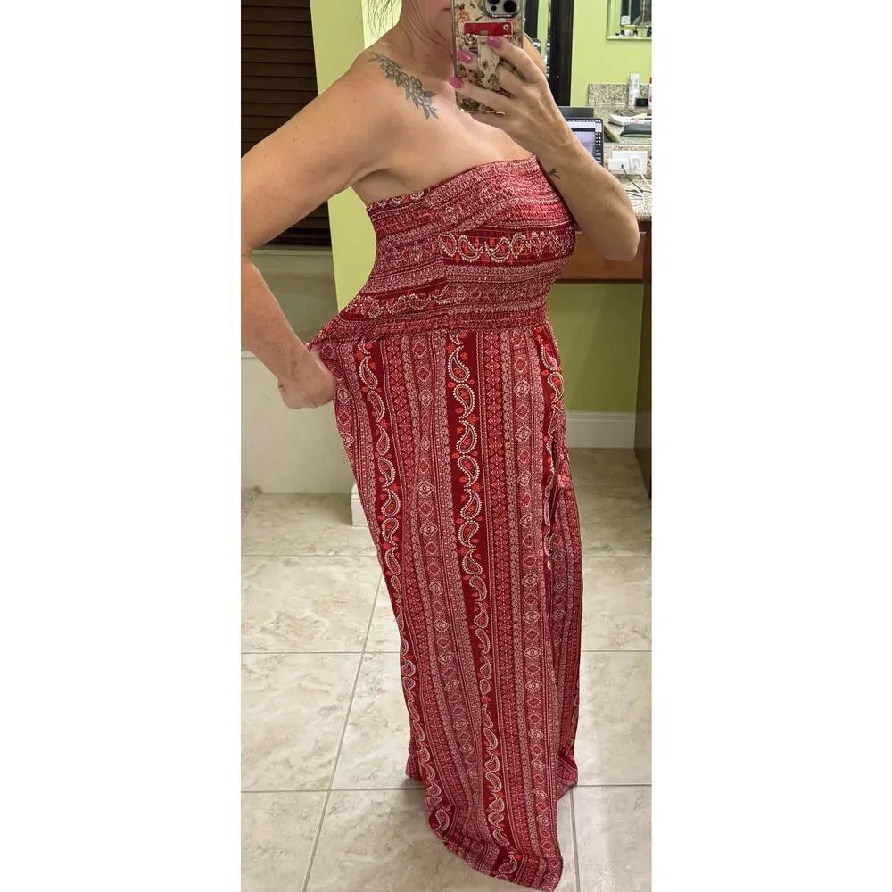 Boho Red Paisley print strapless wide leg large jumpsuit hippie resort vacation - Picture 9 of 9